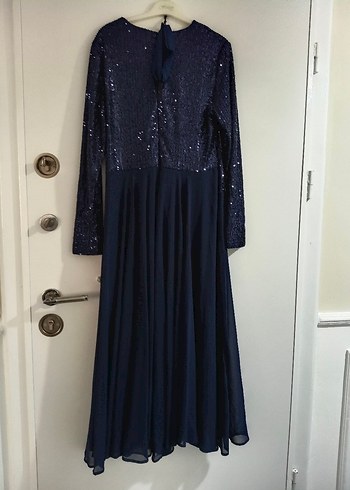 Kadın Lacivert Uzun Kollu İşlemeli Abiye Elbise - Görsel 4