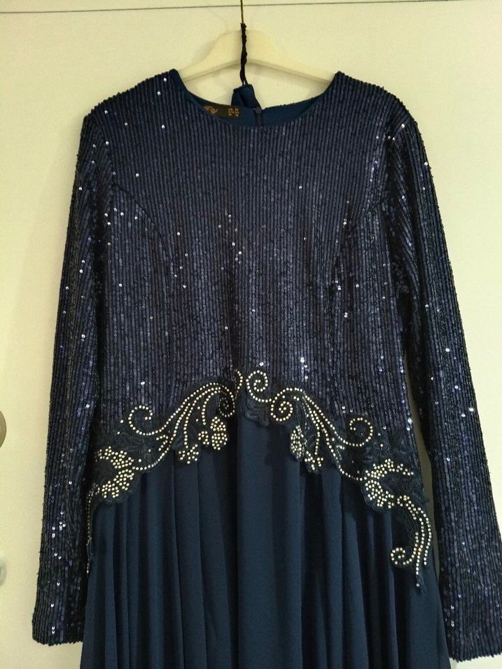 Kadın Lacivert Uzun Kollu İşlemeli Abiye Elbise - Görsel 2