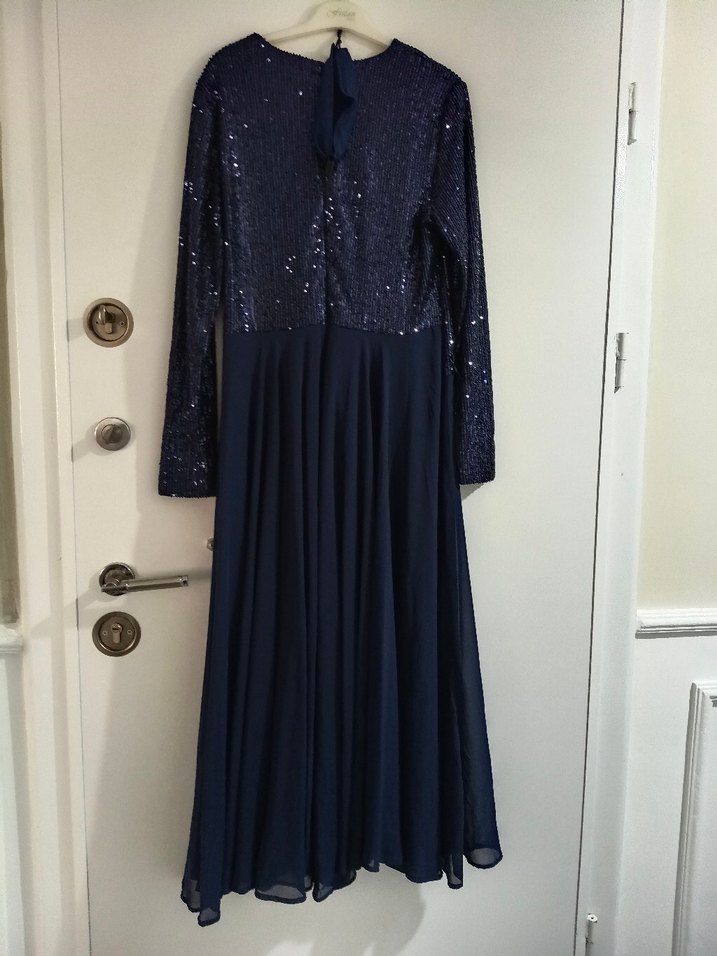 Kadın Lacivert Uzun Kollu İşlemeli Abiye Elbise - Görsel 4