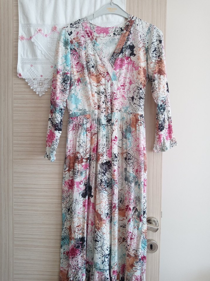 Diger Bohem Uzun Kollu Bağlama Desenli Maxi Elbise - Görsel 2