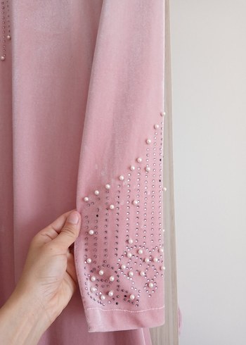 Nakışlı Uzun Pembe Kadın Elbise - Görsel 5