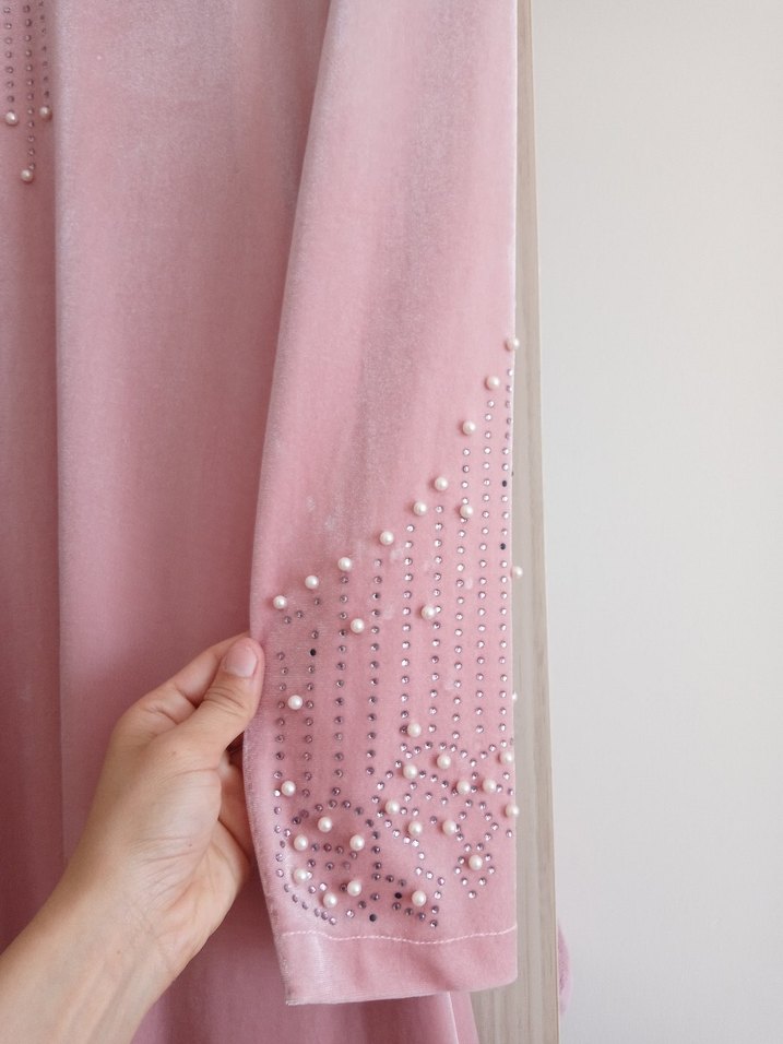 Nakışlı Uzun Pembe Kadın Elbise - Görsel 5