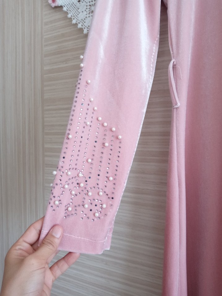 Nakışlı Uzun Pembe Kadın Elbise - Görsel 4