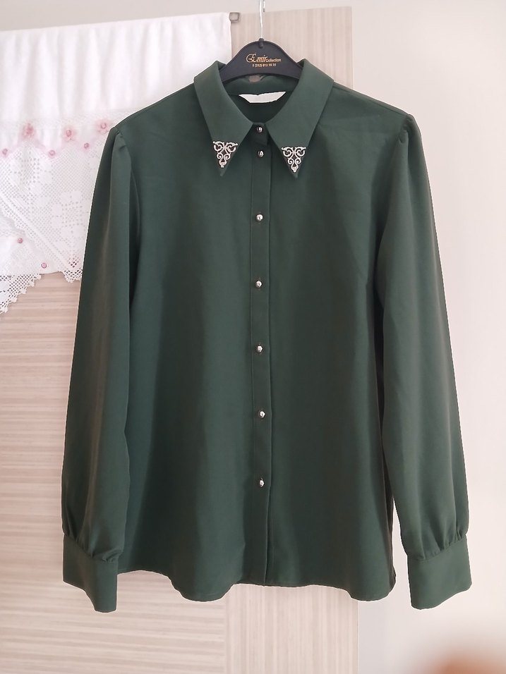 Yeşil Parlak Uzun Kollu Kadın Gömlek - Görsel 2