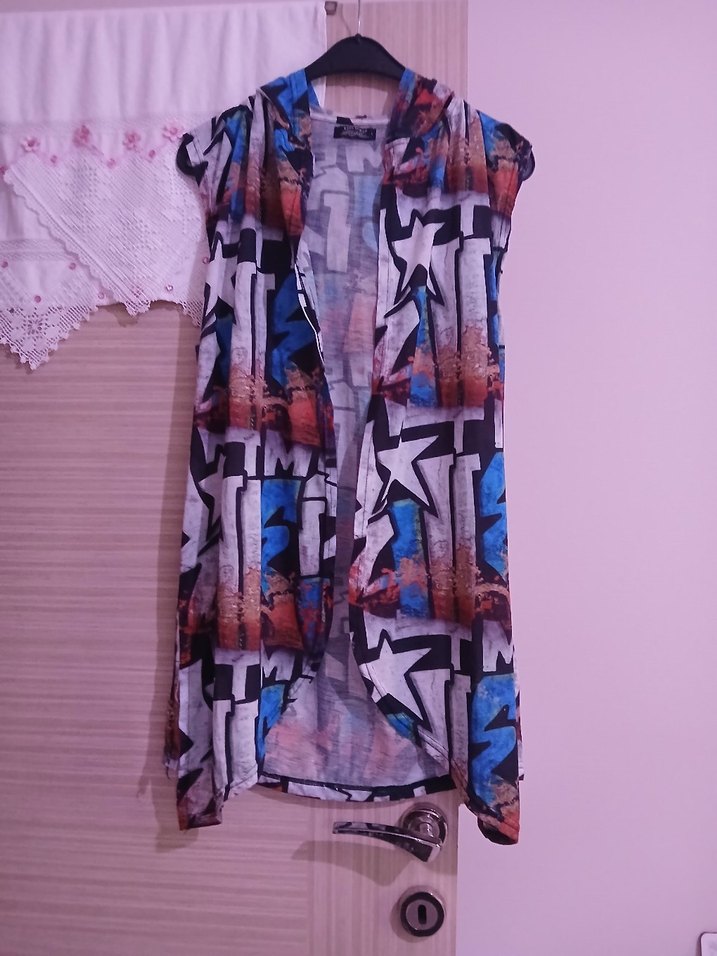 Uzun, Dökümlü, Çok Renkli Bağlama Desenli Kadın Yelek - Görsel 3