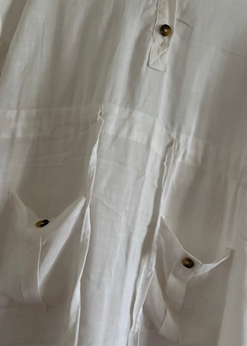 Düğmeli Beyaz Keten midi  Elbise - Görsel 3