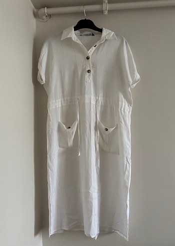 Düğmeli Beyaz Keten midi  Elbise - Görsel 2