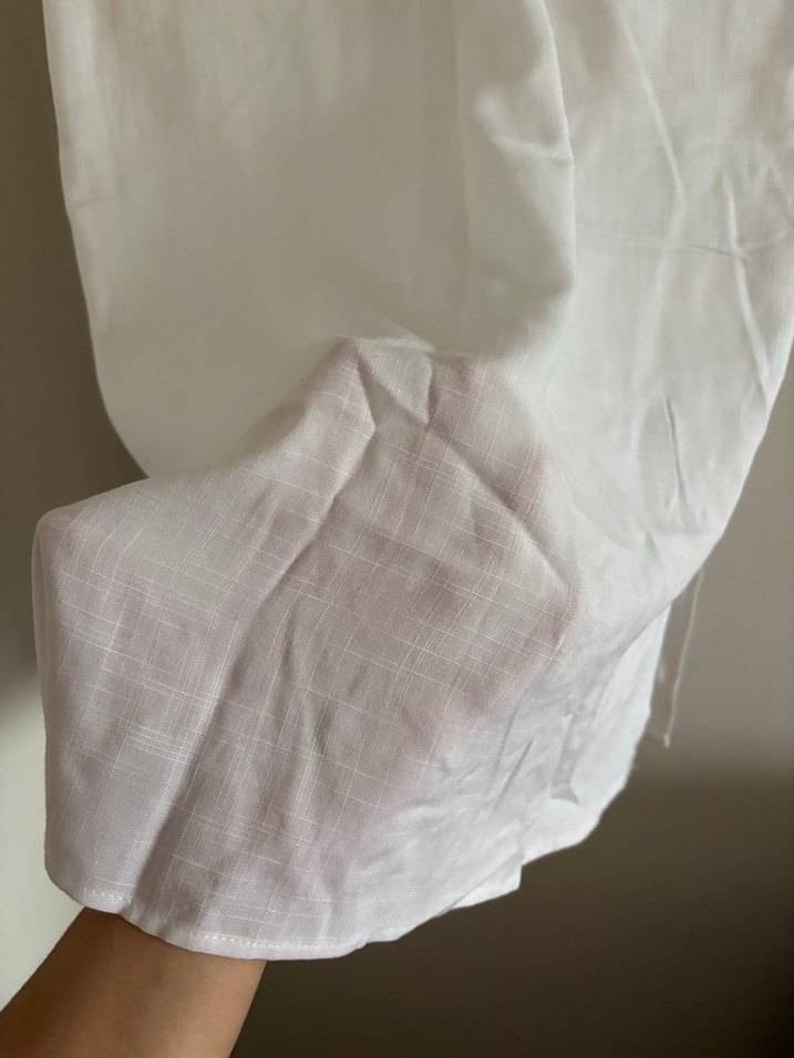 Düğmeli Beyaz Keten midi  Elbise - Görsel 5