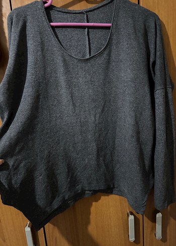 Gri Uzun Kollu Keten Kadın Kazak - Görsel 2