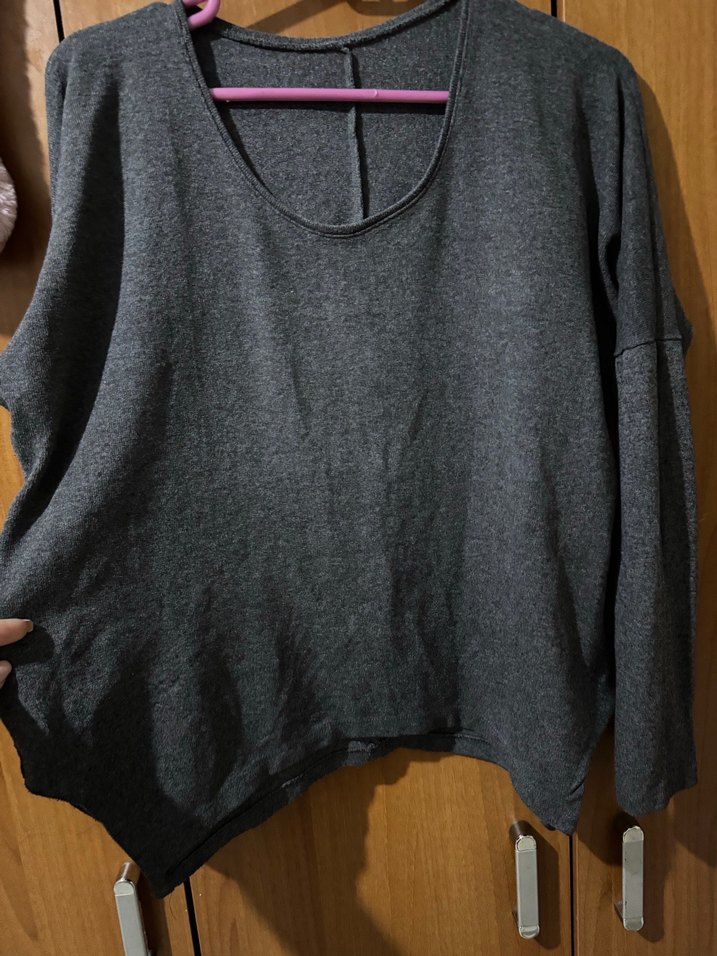 Gri Uzun Kollu Keten Kadın Kazak - Görsel 2