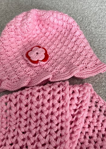 Pembe Nakışlı Çocuk Bere ve Atkı Seti - Görsel 3