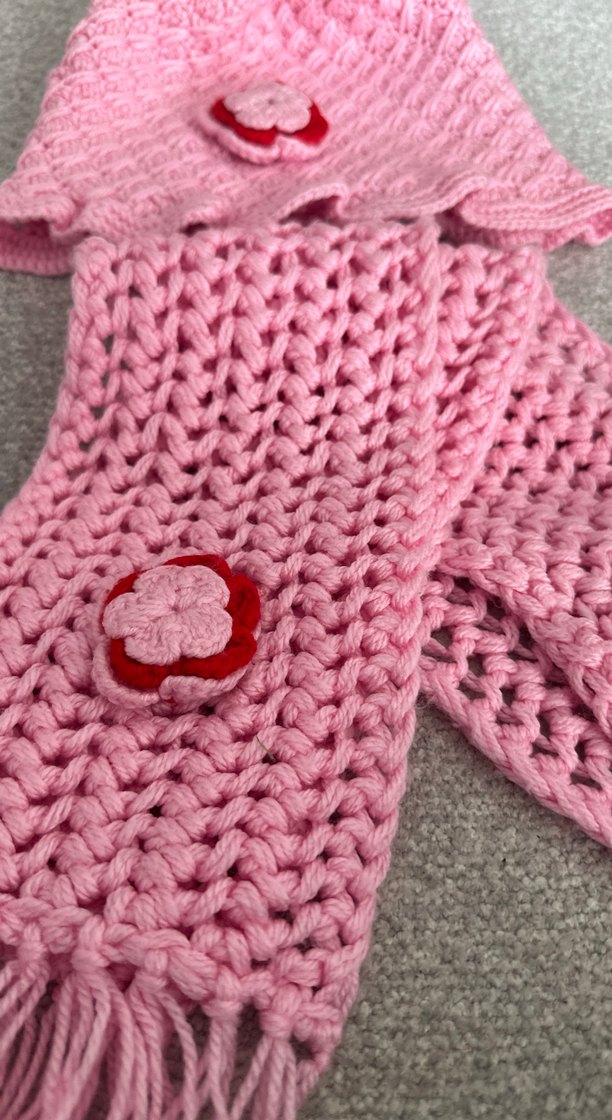 Pembe Nakışlı Çocuk Bere ve Atkı Seti - Görsel 2