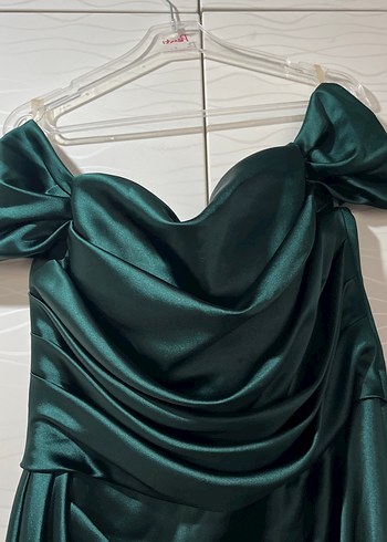 Koyu Yeşil Drapeli Uzun Abiye Elbise - Görsel 3