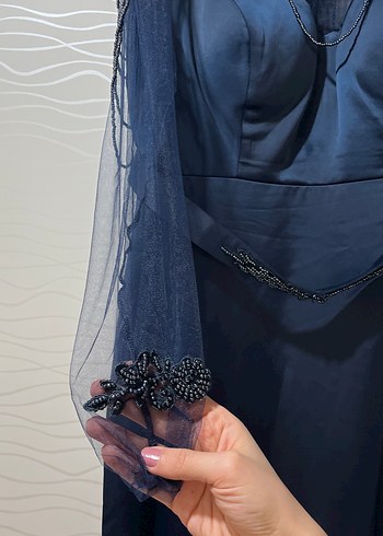 Lacivert Uzun Drapeli Gotik Abiye Elbise - Görsel 3