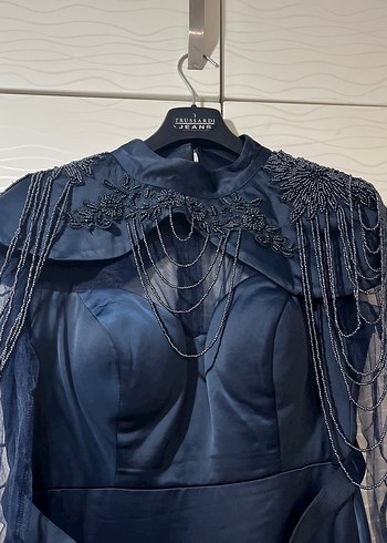 Lacivert Uzun Drapeli Gotik Abiye Elbise - Görsel 2