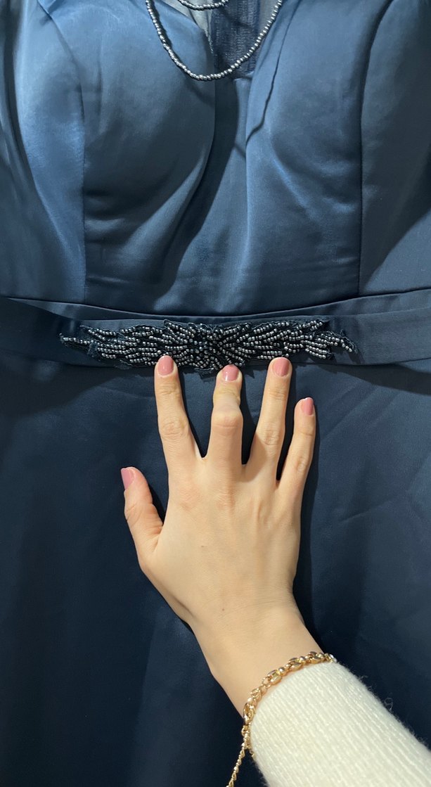 Lacivert Uzun Drapeli Gotik Abiye Elbise - Görsel 4