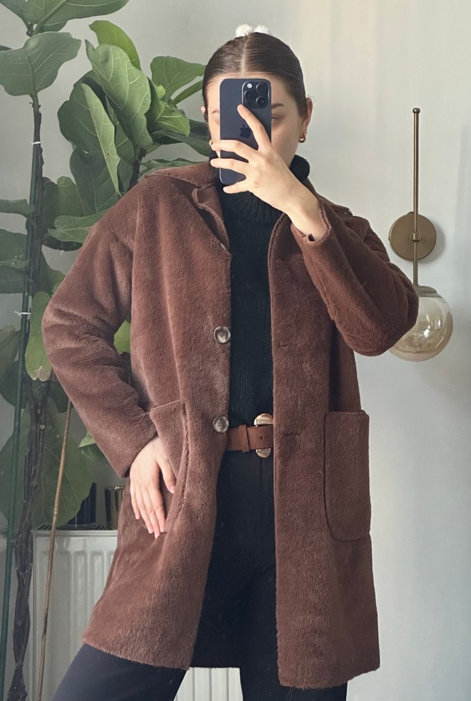 Kahverengi Kürklü Midi Süet Kadın Kaban - Görsel 2