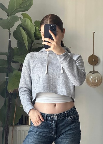 Gri Kapüşonlu Salaş Kesim Kadın Sweatshirt - Görsel 3