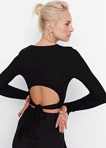 Siyah Fitilli Uzun Kollu Crop Bluz - Görsel 4