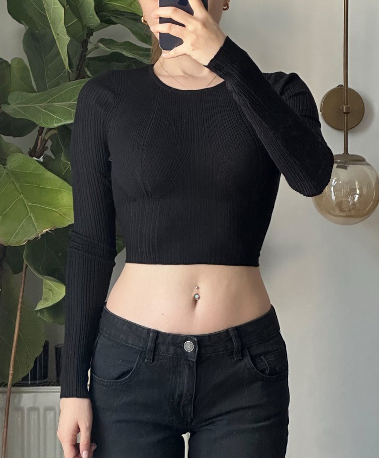 Siyah Fitilli Uzun Kollu Crop Bluz - Görsel 2