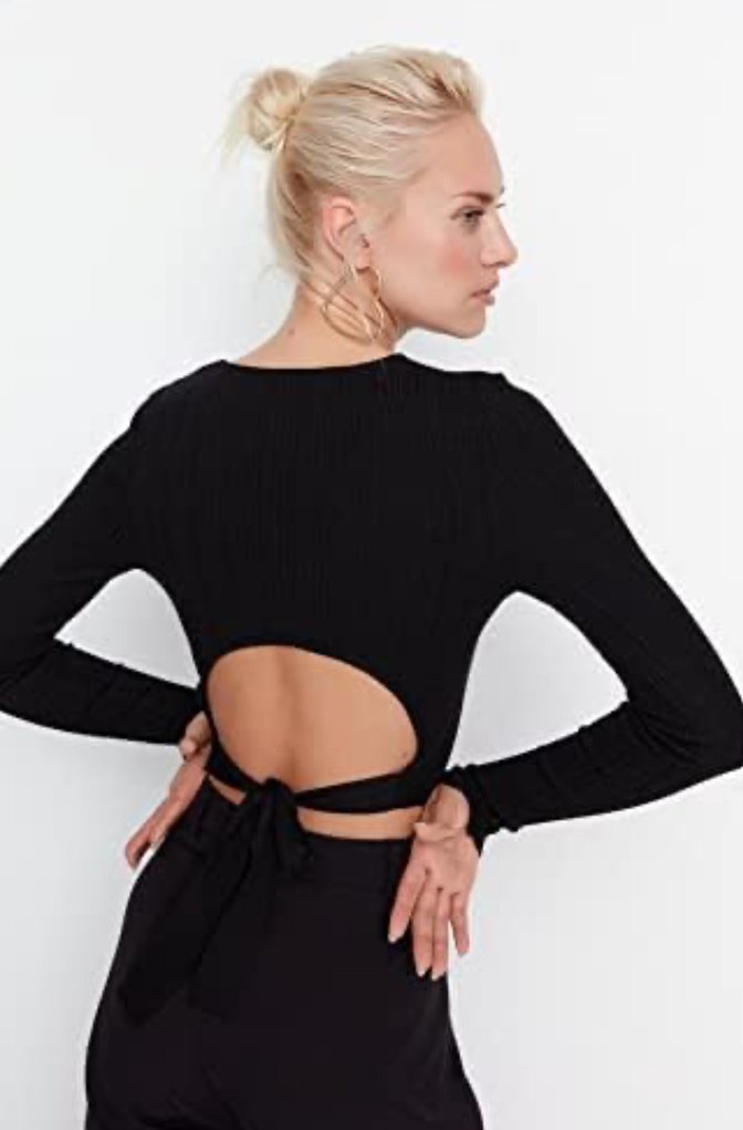 Siyah Fitilli Uzun Kollu Crop Bluz - Görsel 4