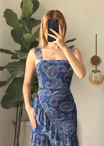 xs Beden mavi Renk Bohem Midi Straplez Fırfırlı Elbise