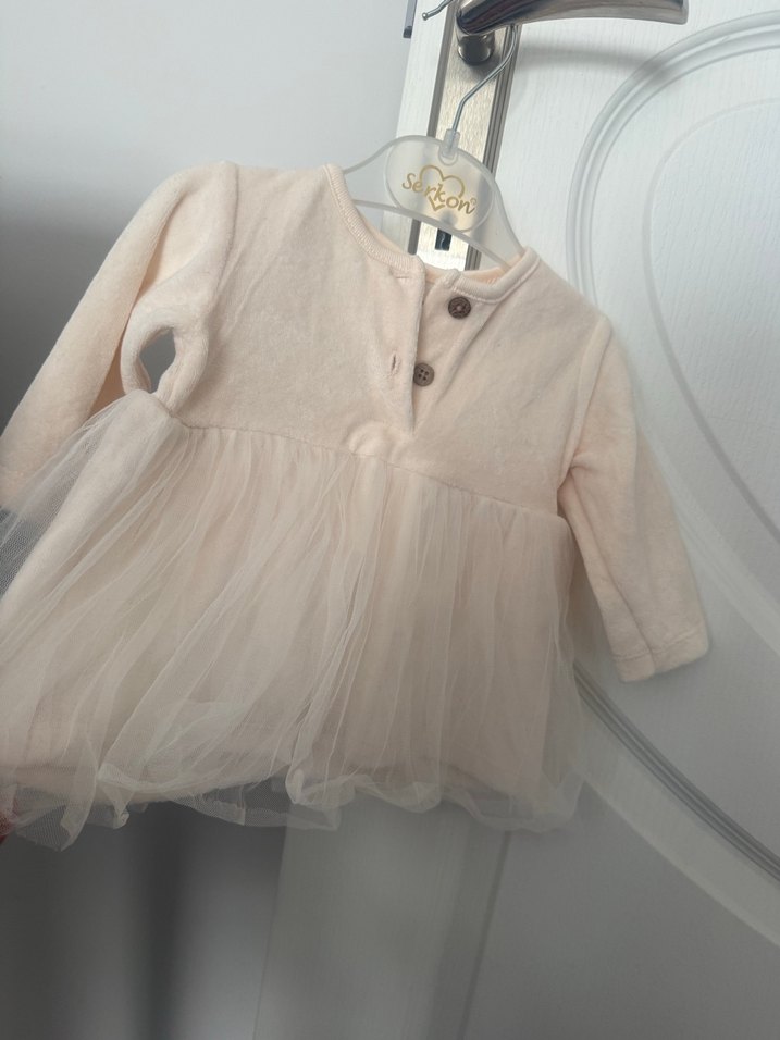 Bej Düğmeli Kız Çocuk Uzun Kollu Elbise - Görsel 5