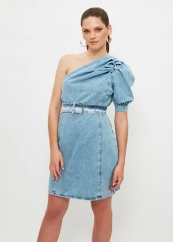 Tek Omuzlu Kemerli Mavi Denim Elbise