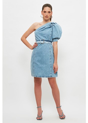 36 Beden Tek Omuzlu Kemerli Mavi Denim Elbise