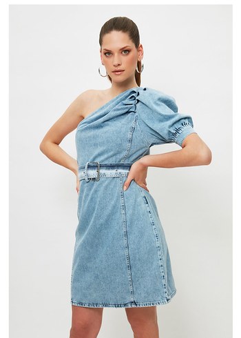 36 Beden mavi Renk Tek Omuzlu Kemerli Mavi Denim Elbise