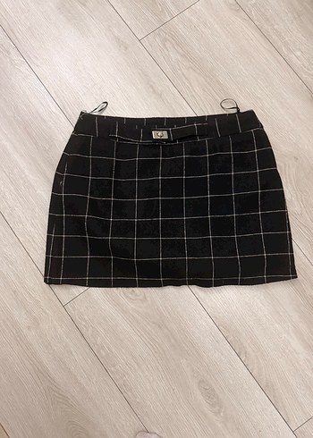 Kemerli Siyah Kareli Mini Etek Koton