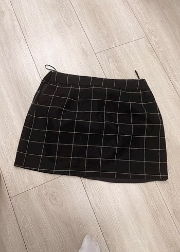 40 Beden Kemerli Siyah Kareli Mini Etek Koton