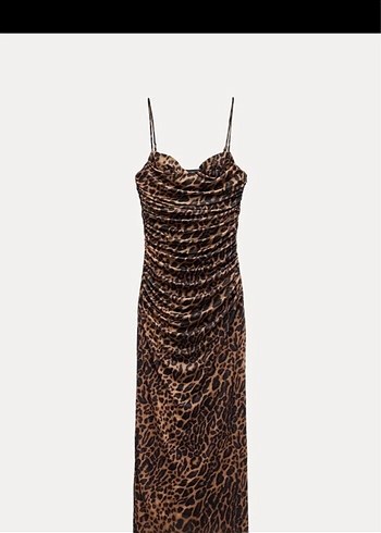 Zara drapeli Kahverengi Uzun leopar Desenli Elbise