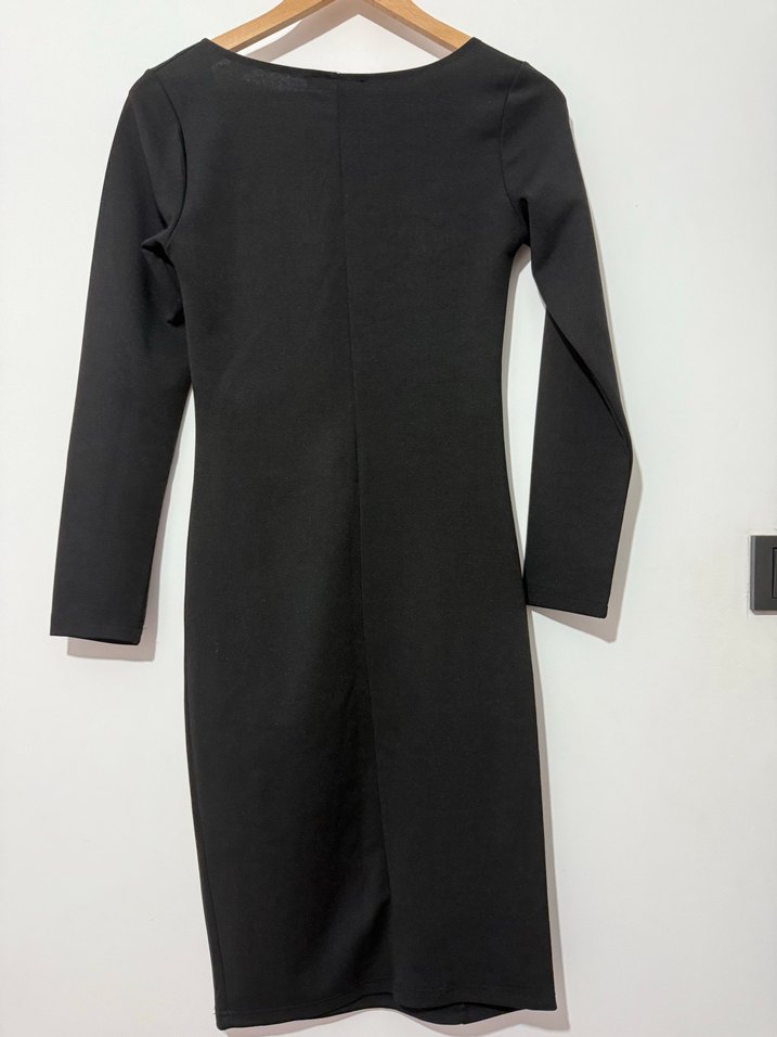 Uzun Kollu Siyah V Yaka Kalem Elbise - Görsel 4