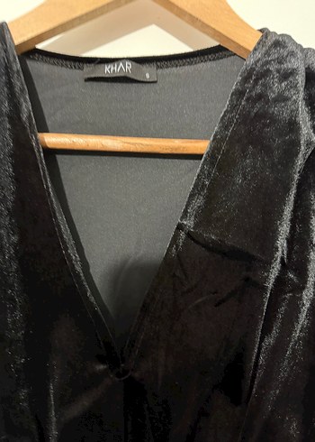 Siyah Drapeli Uzun Kollu V Yakalı kadife Kadın Elbise - Görsel 4