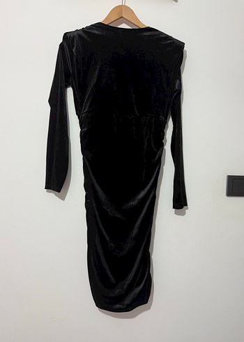 Siyah Drapeli Uzun Kollu V Yakalı kadife Kadın Elbise - Görsel 3