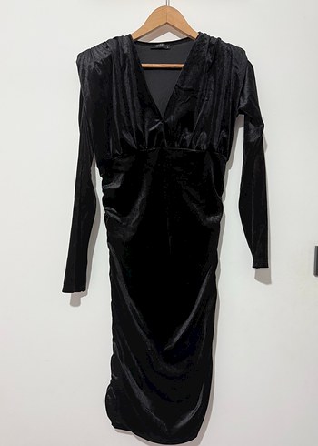 Siyah Drapeli Uzun Kollu V Yakalı kadife Kadın Elbise - Görsel 5