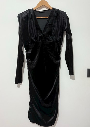 Siyah Drapeli Uzun Kollu V Yakalı kadife Kadın Elbise - Görsel 6