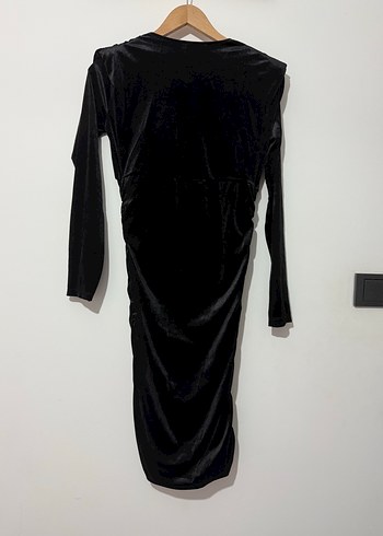 Siyah Drapeli Uzun Kollu V Yakalı kadife Kadın Elbise - Görsel 2