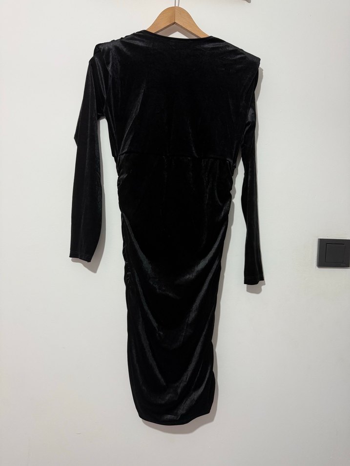 Siyah Drapeli Uzun Kollu V Yakalı kadife Kadın Elbise - Görsel 3