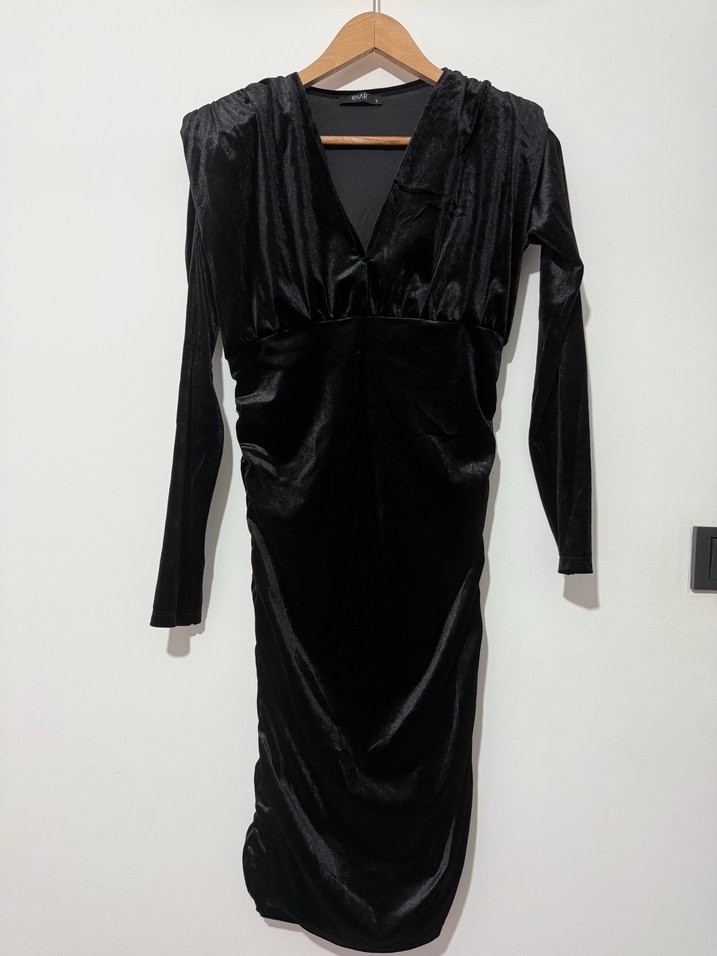 Siyah Drapeli Uzun Kollu V Yakalı kadife Kadın Elbise - Görsel 5