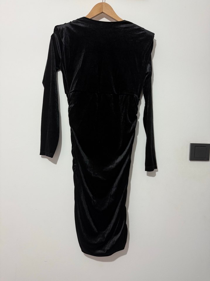 Siyah Drapeli Uzun Kollu V Yakalı kadife Kadın Elbise - Görsel 2