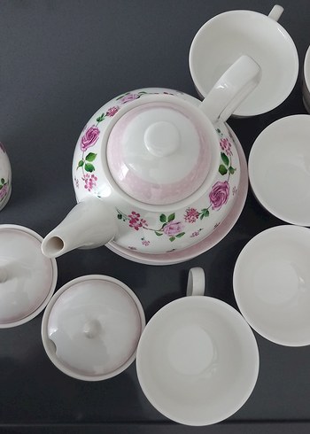 Pastel Desenli Beyaz Porselen Çay Seti - Görsel 4