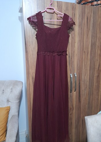 Diğer Bordo Dantel Detaylı Uzun Abiye Elbise
