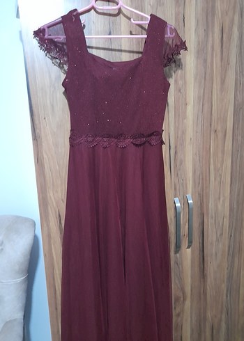 Bordo Dantel Detaylı Uzun Abiye Elbise