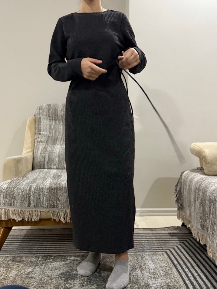 Kadın Siyah Uzun Kollu Uzun Elbise - Görsel 5