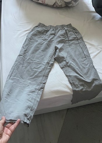 Gri Keten Düğmeli Rahat Kesim Kadın Pantolon - Görsel 2