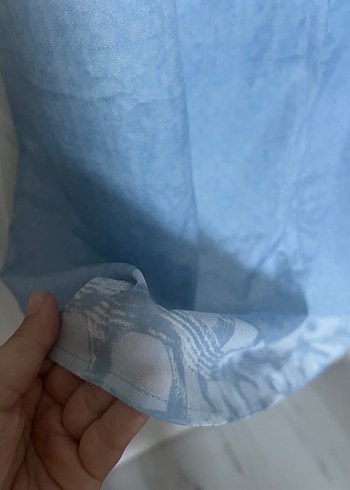 Mavi Kelebek İşlemeli Keten Midi Elbise - Görsel 3