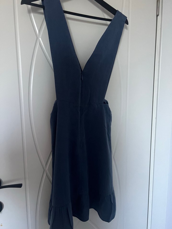 Mavi Denim V Yaka Fırfırlı Midi Elbise - Görsel 2