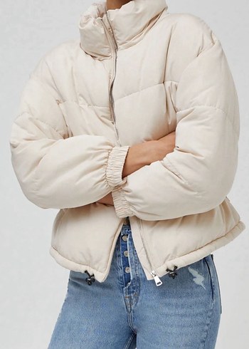 l Beden Bej Kadın Kürklü Denim Kışlık Ceket